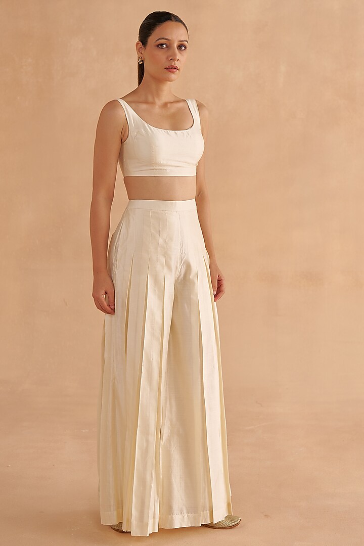 Ivory Silk Pleated Flared Pant Set by Ruchi Marodia at Pernia's Pop Up Shop