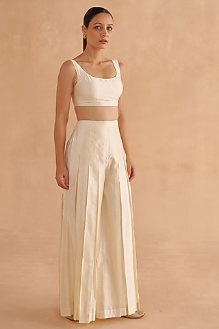 Ivory Silk Pleated Flared Pant Set by Ruchi Marodia
