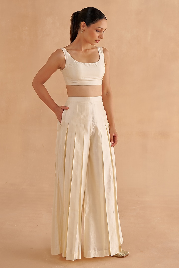 Ivory Silk Pleated Flared Pant Set by Ruchi Marodia at Pernia's Pop Up Shop