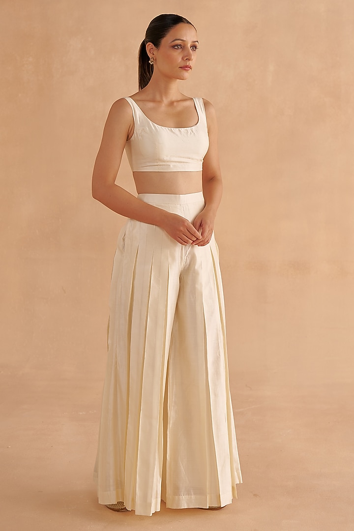Ivory Silk Pleated Flared Pant Set by Ruchi Marodia at Pernia's Pop Up Shop