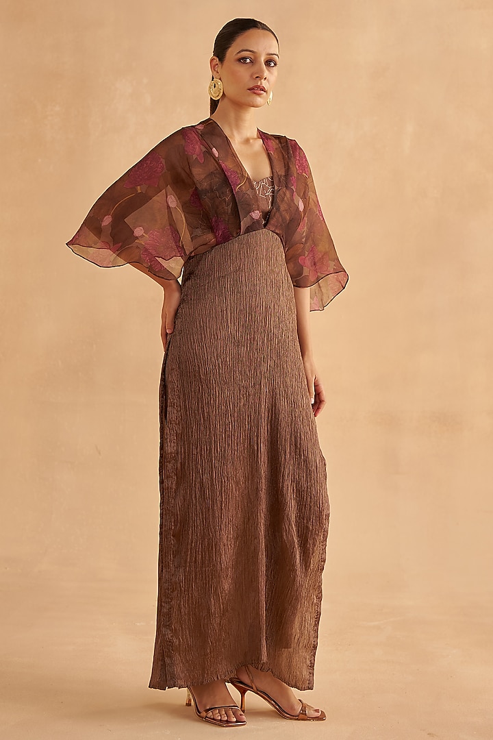 Walnut Brown Crushed Silk & Organza Pant Set by Ruchi Marodia at Pernia's Pop Up Shop