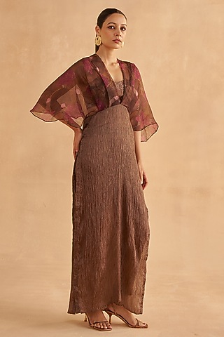 Walnut Brown Crushed Silk & Organza Pant Set by Ruchi Marodia