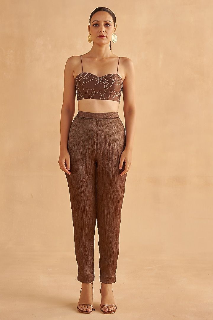 Walnut Brown Crushed Silk & Organza Pant Set by Ruchi Marodia at Pernia's Pop Up Shop
