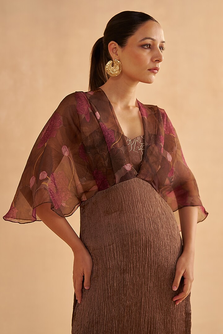 Walnut Brown Crushed Silk & Organza Pant Set by Ruchi Marodia at Pernia's Pop Up Shop
