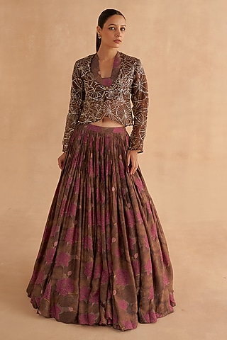 Dark Maroon Organza Zardosi & Zari Embroidered Jacket by Ruchi Marodia