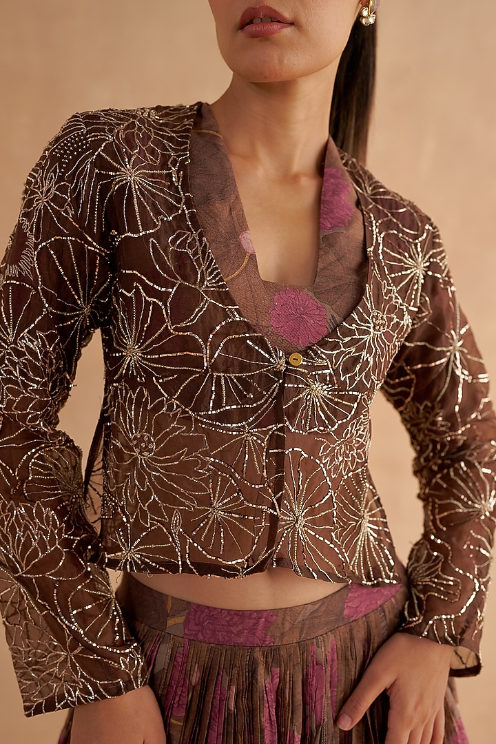 Dark Maroon Organza Zardosi & Zari Embroidered Jacket by Ruchi Marodia at Pernia's Pop Up Shop