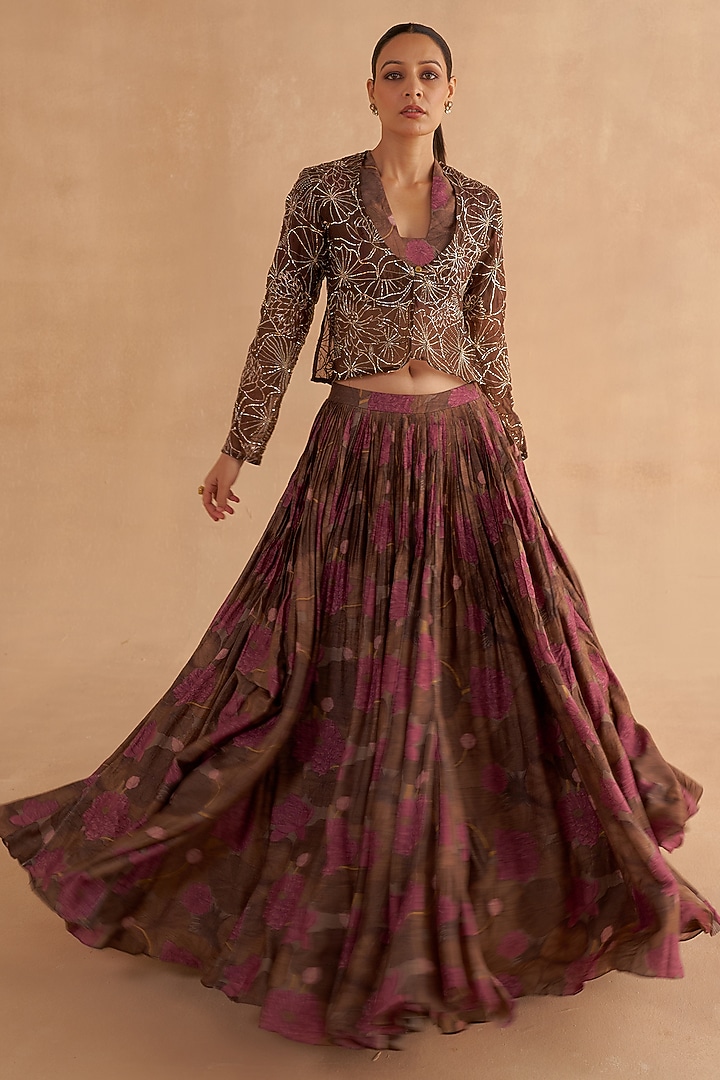 Dark Maroon Organza Zardosi & Zari Embroidered Jacket by Ruchi Marodia at Pernia's Pop Up Shop