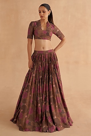 Walnut Brown Moonga Silk Digital Printed Lehenga Set by Ruchi Marodia