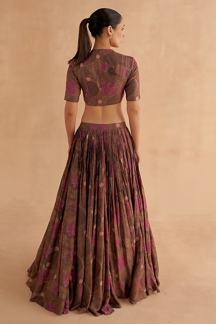 Walnut Brown Moonga Silk Digital Printed Lehenga Set by Ruchi Marodia at Pernia's Pop Up Shop
