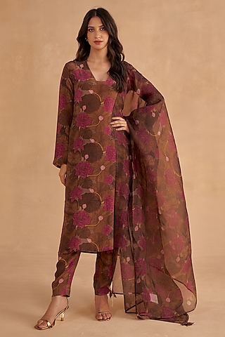 Walnut Brown Crepe Silk Digital Printed Kurta Set by Ruchi Marodia