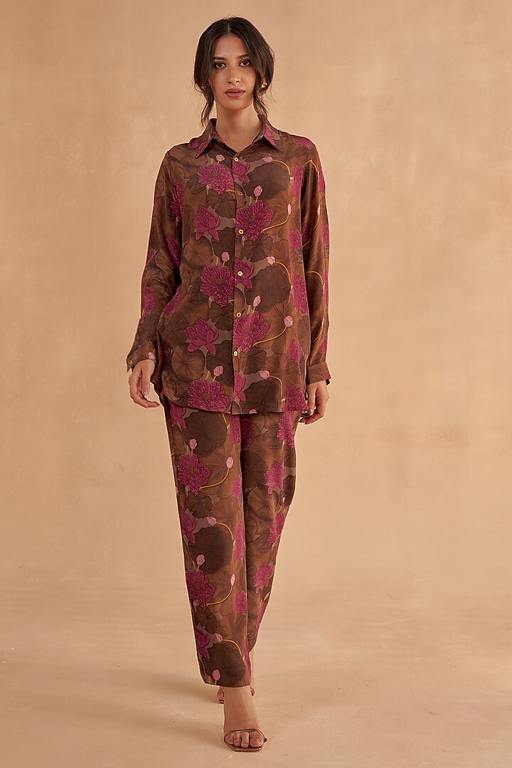 Walnut Brown Crepe Silk Digital Printed Co-Ord Set by Ruchi Marodia at Pernia's Pop Up Shop