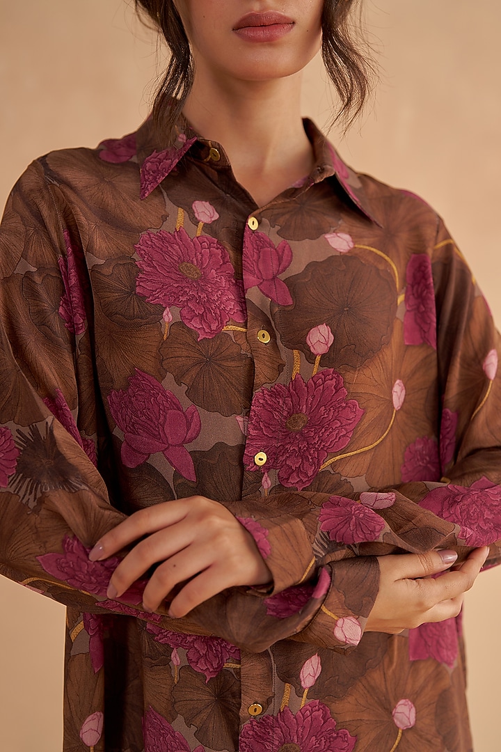 Walnut Brown Crepe Silk Digital Printed Co-Ord Set by Ruchi Marodia at Pernia's Pop Up Shop