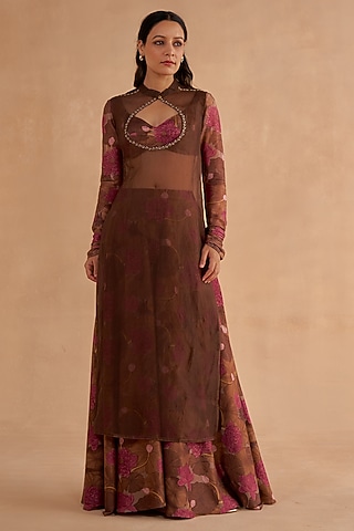 Walnut Brown Chanderi Silk Zardosi Embroidered Kurta Set by Ruchi Marodia