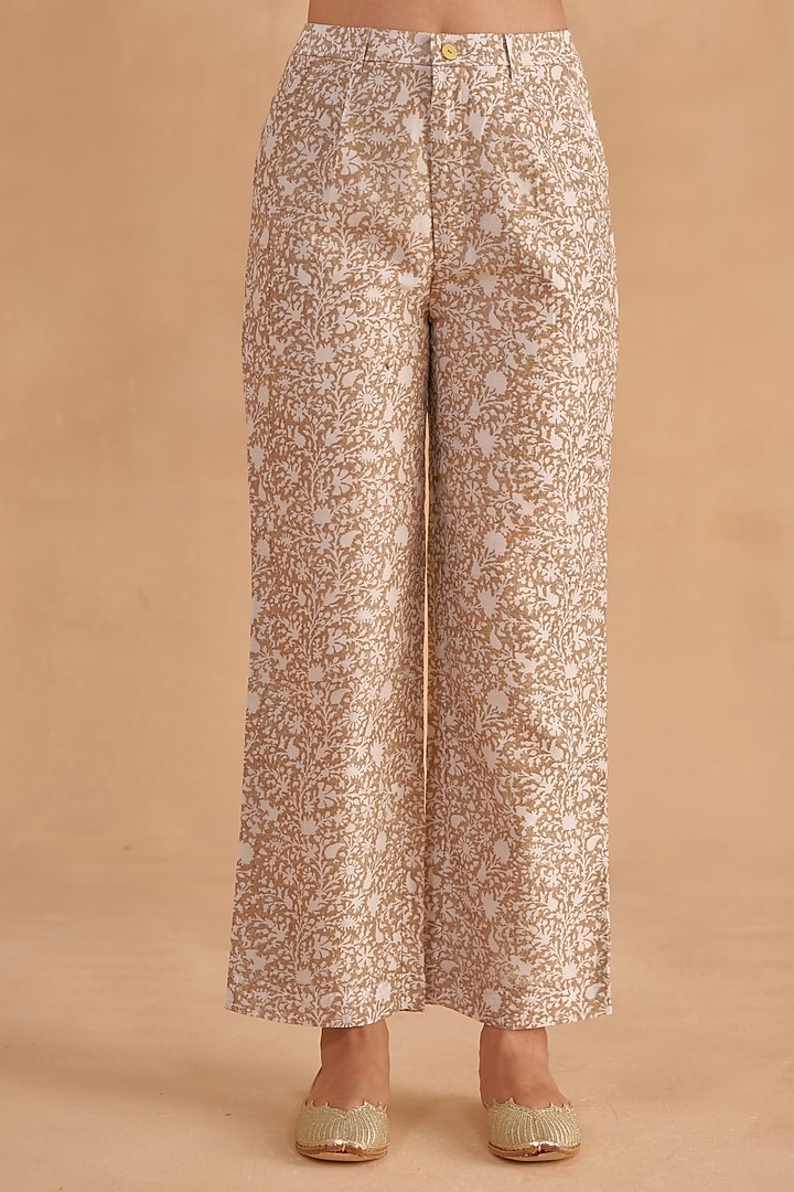 Warm Grey Chanderi Silk Block Printed & Zari Embroidered Kurta Set by Ruchi Marodia at Pernia's Pop Up Shop