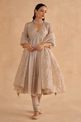 Warm Grey Paper Tussar Embroidered & Block Printed Kalidar Kurta Set by Ruchi Marodia