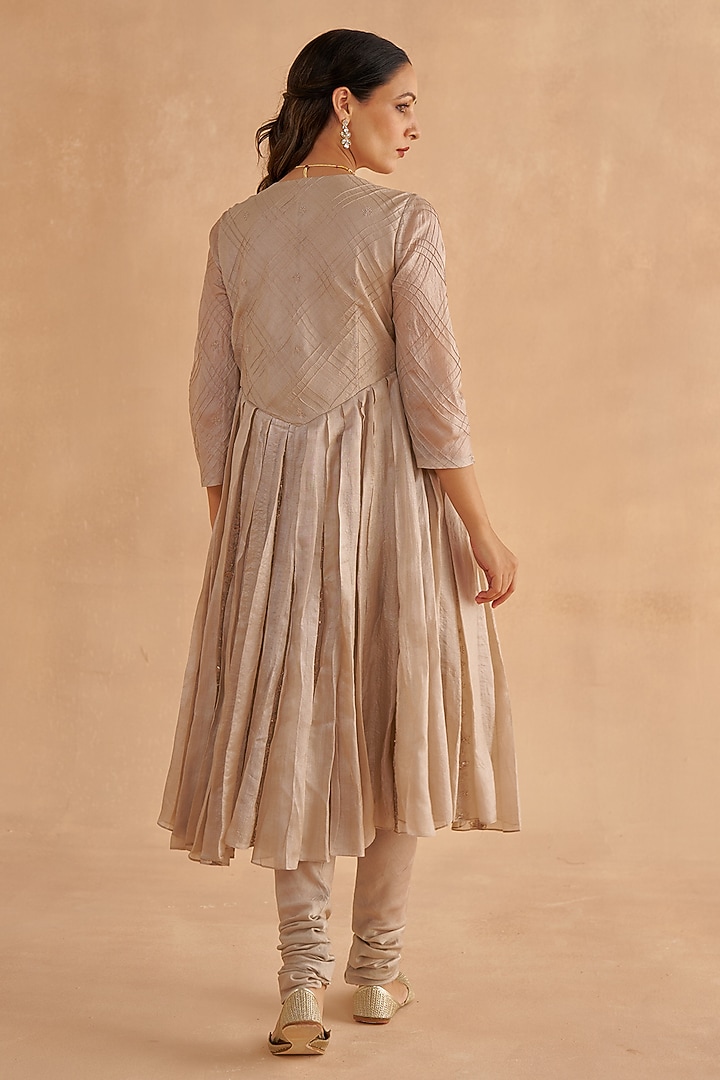 Warm Grey Paper Tussar Embroidered & Block Printed Kalidar Kurta Set by Ruchi Marodia at Pernia's Pop Up Shop