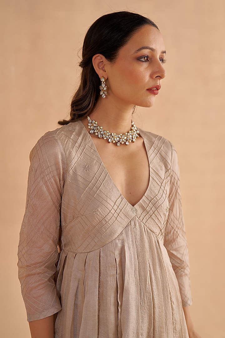 Warm Grey Paper Tussar Embroidered & Block Printed Kalidar Kurta Set by Ruchi Marodia at Pernia's Pop Up Shop