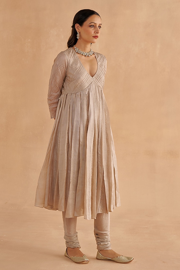 Warm Grey Paper Tussar Embroidered & Block Printed Kalidar Kurta Set by Ruchi Marodia at Pernia's Pop Up Shop