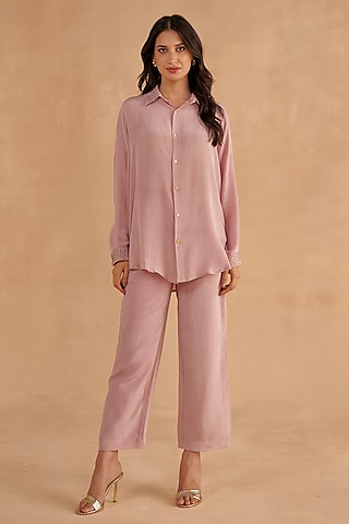 Lilac Crepe Silk Embroidered Co-Ord Set by Ruchi Marodia