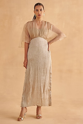 Warm Grey Crushed Silk Pant Set by Ruchi Marodia