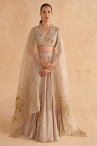 Warm Grey Crushed Silk Zardosi Embroidered Lehenga Set by Ruchi Marodia