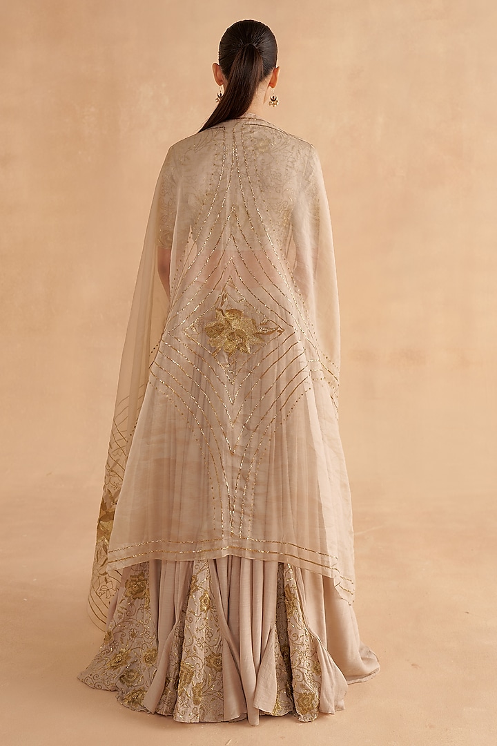 Warm Grey Crushed Silk Zardosi Embroidered Wedding Lehenga Set by Ruchi Marodia at Pernia's Pop Up Shop