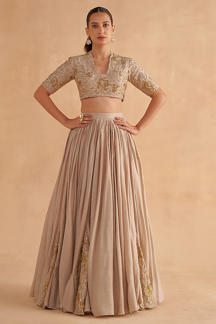 Warm Grey Crushed Silk Zardosi Embroidered Wedding Lehenga Set by Ruchi Marodia at Pernia's Pop Up Shop