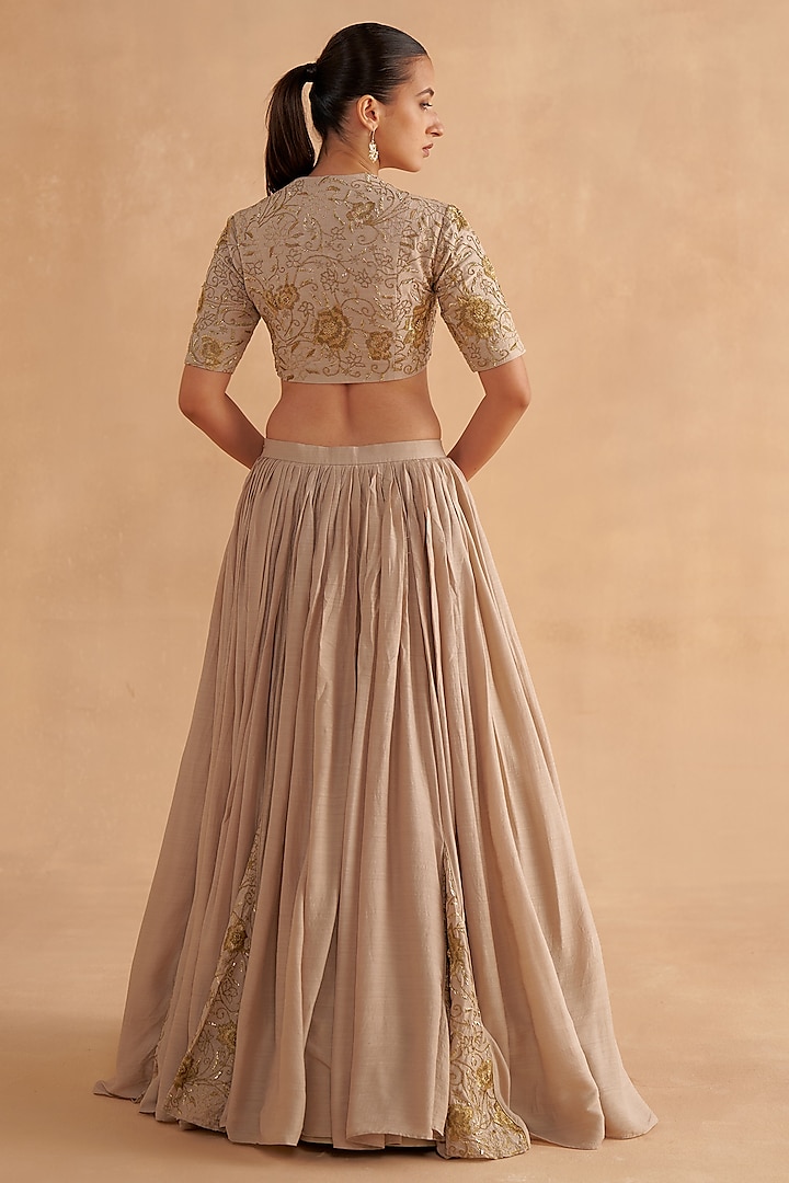 Warm Grey Crushed Silk Zardosi Embroidered Wedding Lehenga Set by Ruchi Marodia at Pernia's Pop Up Shop