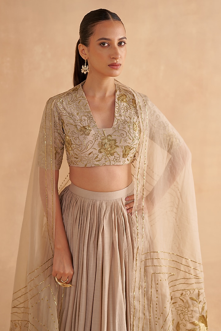 Warm Grey Crushed Silk Zardosi Embroidered Wedding Lehenga Set by Ruchi Marodia at Pernia's Pop Up Shop