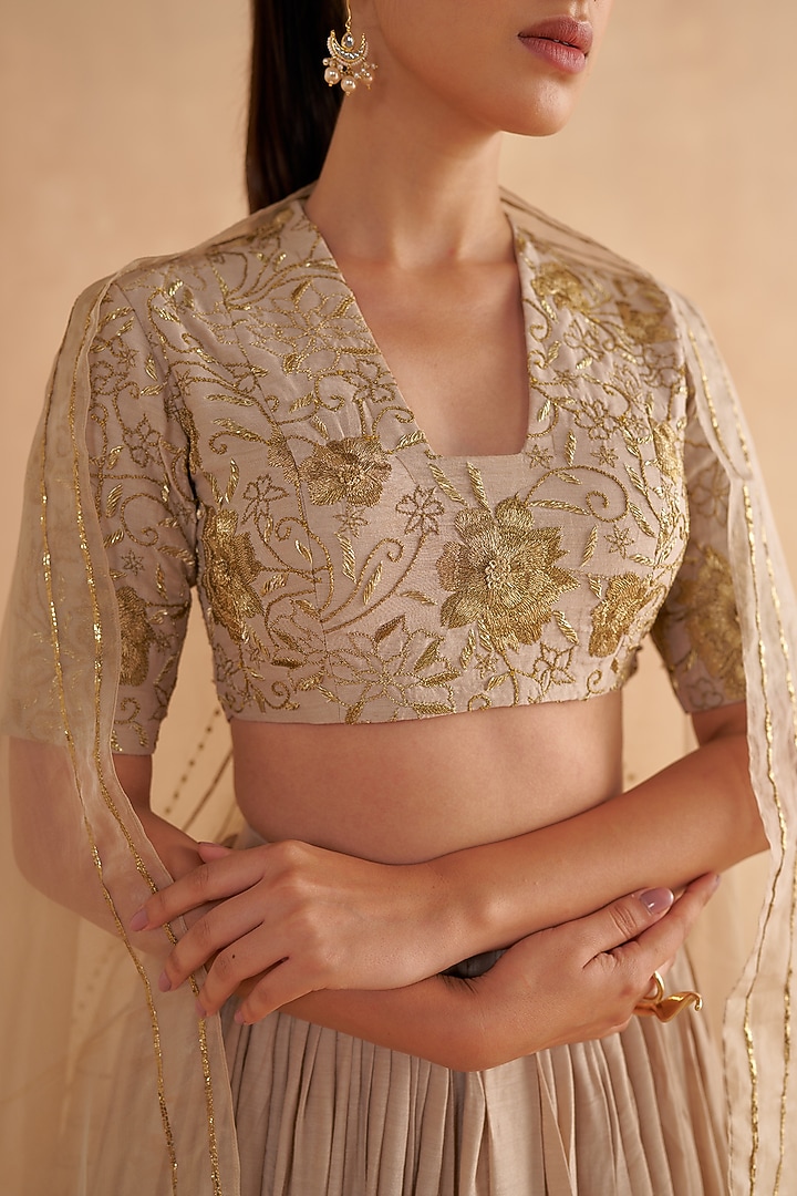 Warm Grey Crushed Silk Zardosi Embroidered Wedding Lehenga Set by Ruchi Marodia at Pernia's Pop Up Shop
