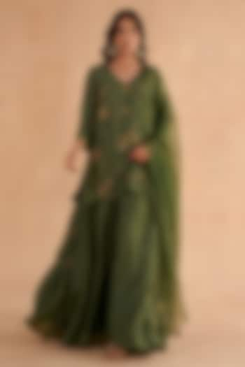 Bottle Green Moonga Silk Embroidered Sharara Set by Ruchi Marodia at Pernia's Pop Up Shop