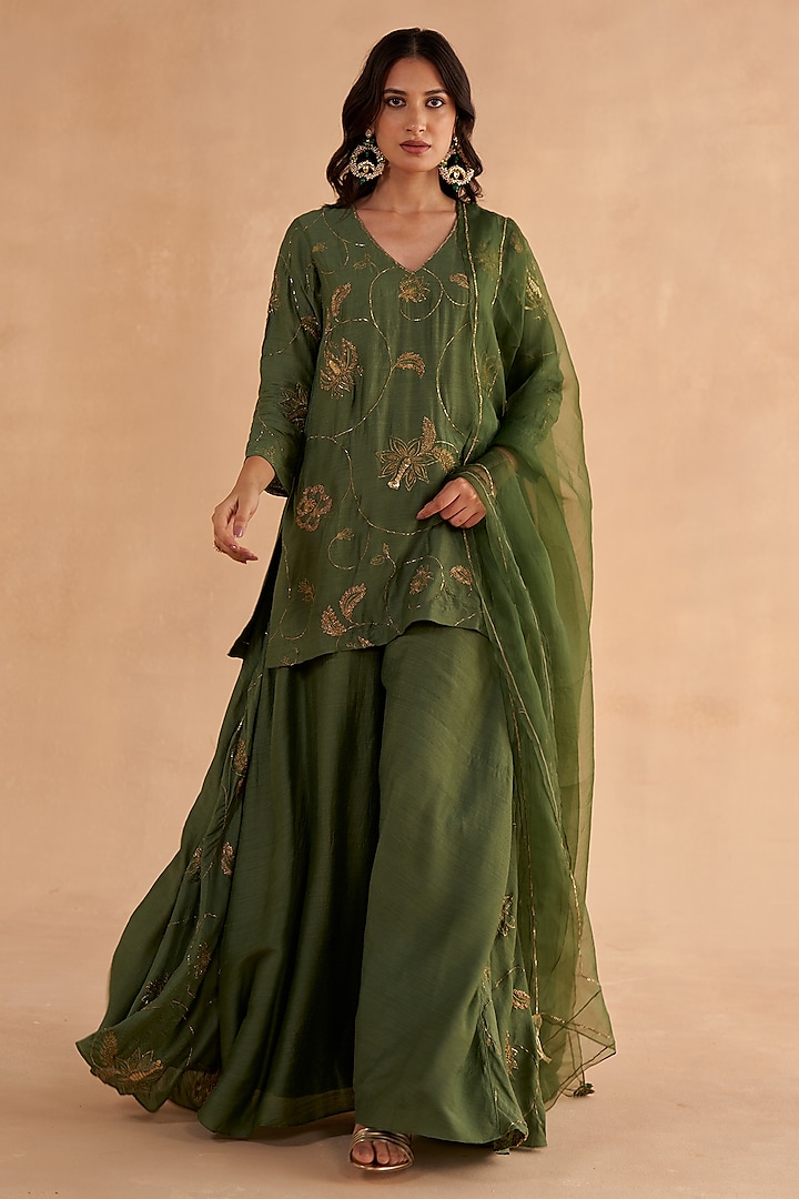 Bottle Green Moonga Silk Embroidered Sharara Set by Ruchi Marodia at Pernia's Pop Up Shop