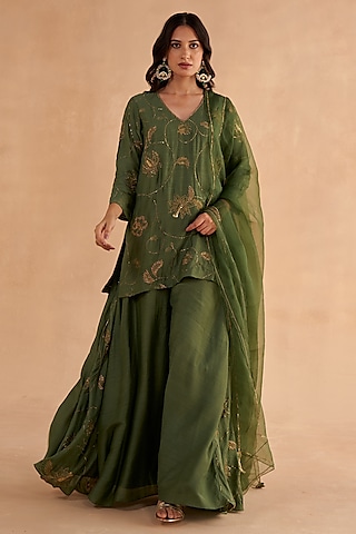 Bottle Green Moonga Silk Embroidered Sharara Set by Ruchi Marodia