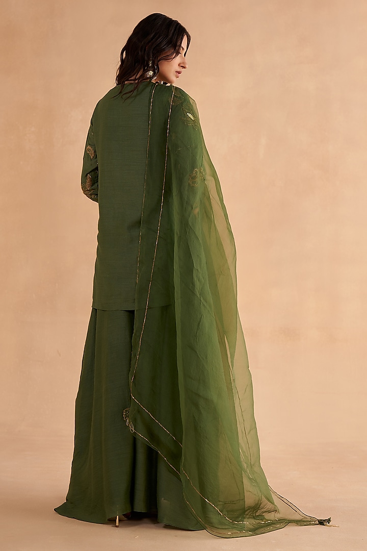 Bottle Green Moonga Silk Embroidered Wedding Sharara Set by Ruchi Marodia at Pernia's Pop Up Shop
