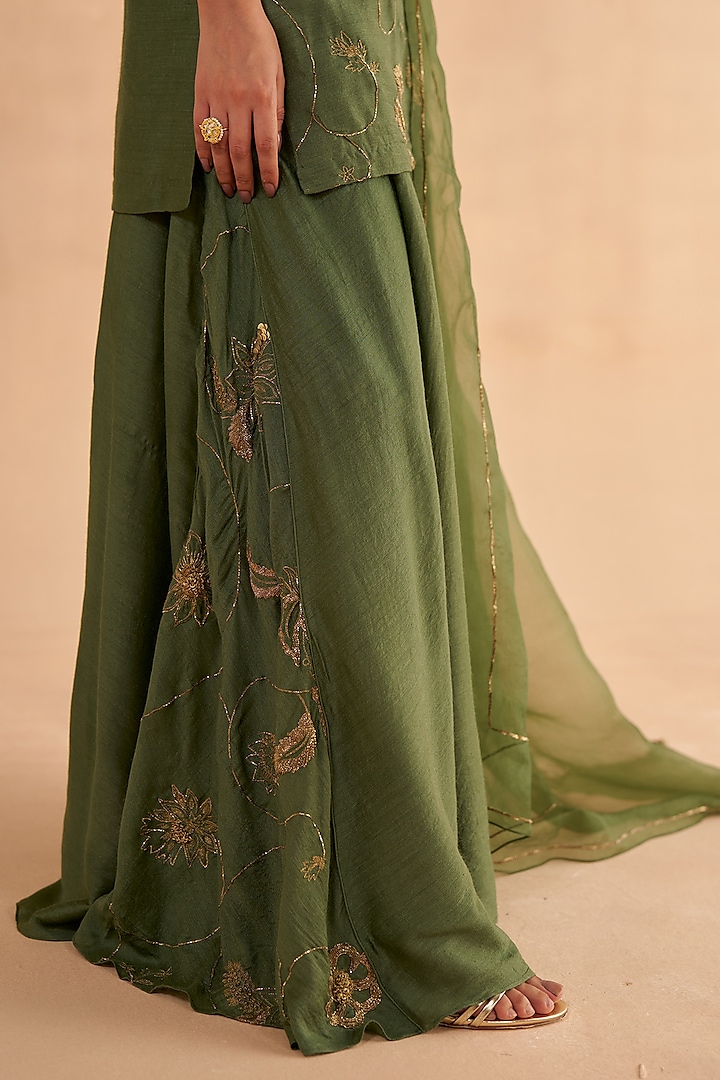Bottle Green Moonga Silk Embroidered Wedding Sharara Set by Ruchi Marodia at Pernia's Pop Up Shop