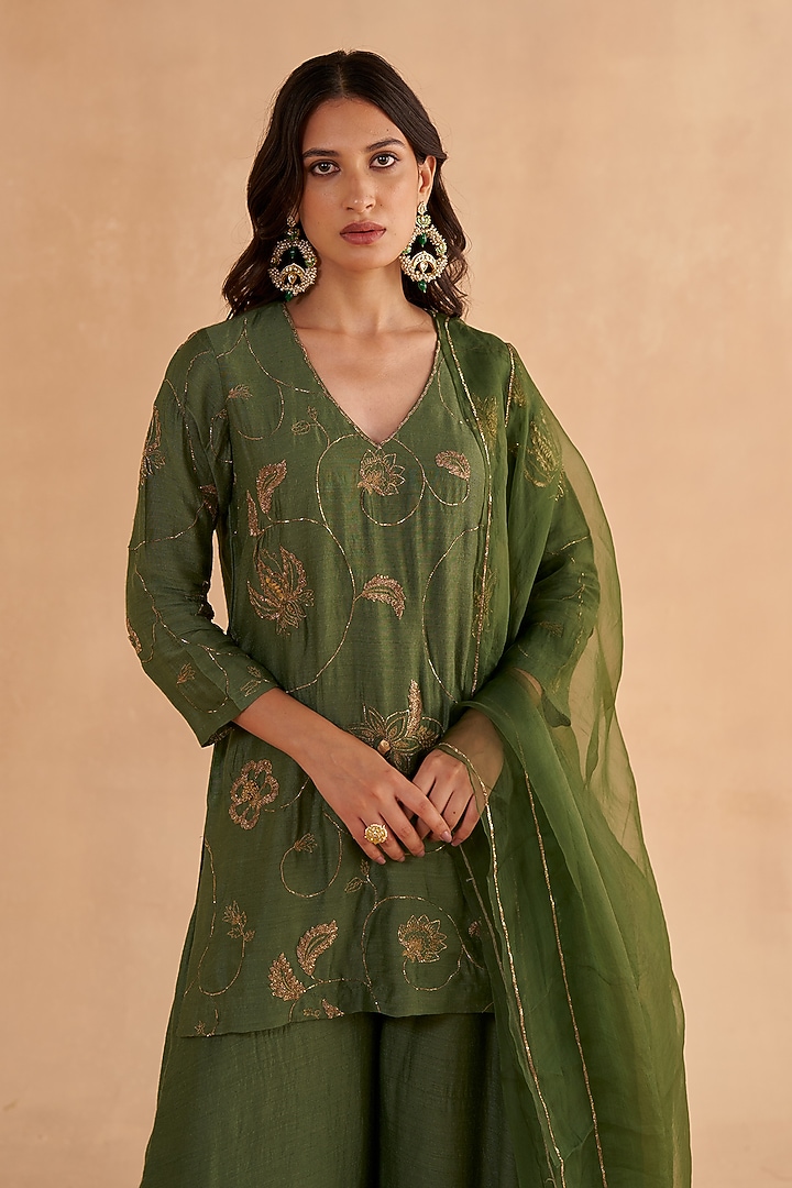 Bottle Green Moonga Silk Embroidered Wedding Sharara Set by Ruchi Marodia at Pernia's Pop Up Shop