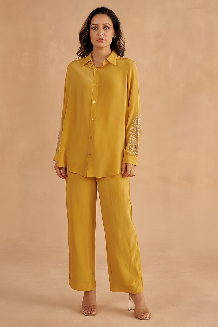 Mustard Yellow Crepe Silk Embroidered Co-Ord Set by Ruchi Marodia at Pernia's Pop Up Shop