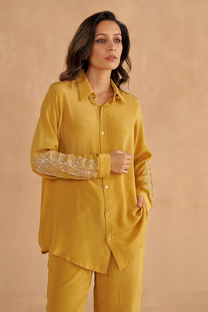 Mustard Yellow Crepe Silk Embroidered Co-Ord Set by Ruchi Marodia at Pernia's Pop Up Shop