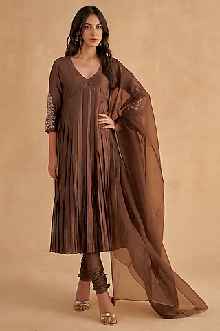 Dark Brown Fine Silk Embroidered Kurta Set by Ruchi Marodia