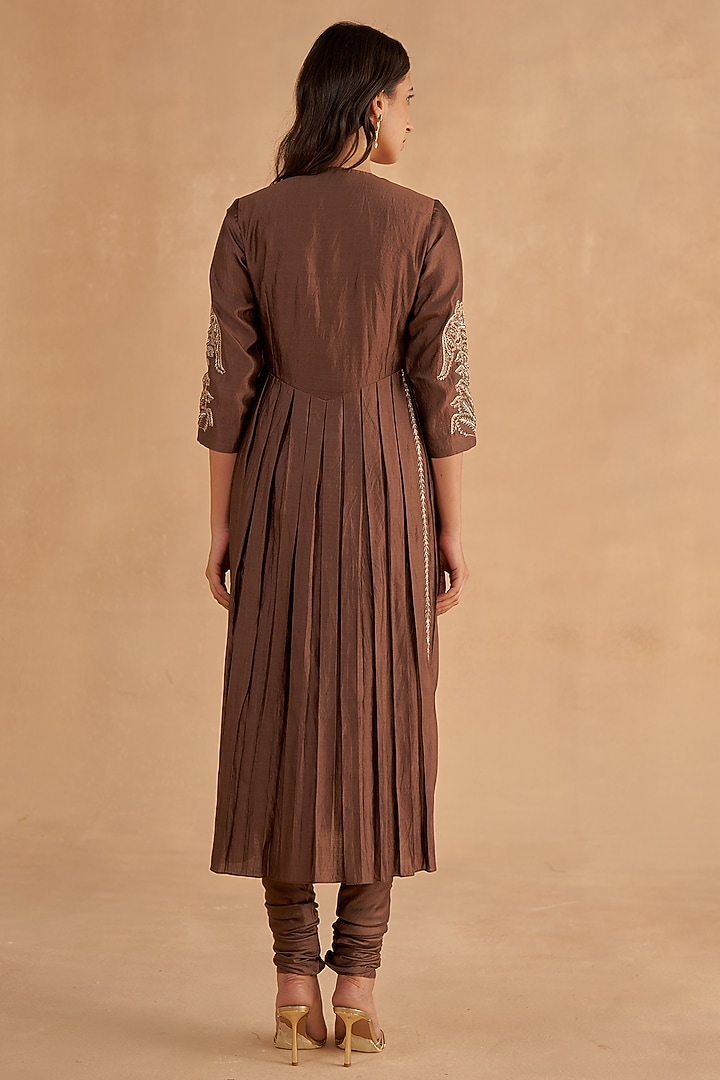 Dark Brown Fine Silk Embroidered Kurta Set by Ruchi Marodia at Pernia's Pop Up Shop