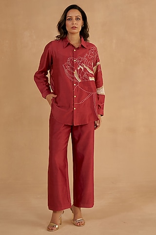 Red Chanderi Silk Zardosi Embroidered Co-Ord Set by Ruchi Marodia