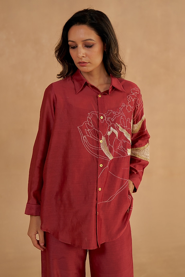 Red Chanderi Silk Zardosi Embroidered Co-Ord Set by Ruchi Marodia at Pernia's Pop Up Shop