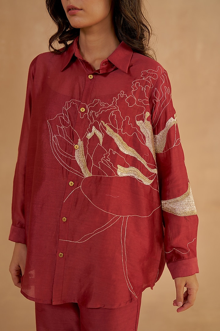 Red Chanderi Silk Zardosi Embroidered Co-Ord Set by Ruchi Marodia at Pernia's Pop Up Shop