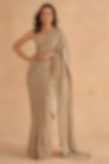 Warm Grey Fine Crepe Silk Zardosi Embroidered Saree Set by Ruchi Marodia at Pernia's Pop Up Shop