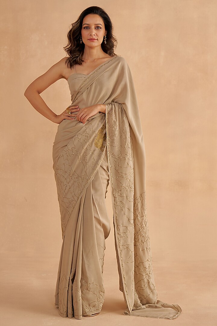 Warm Grey Fine Crepe Silk Zardosi Embroidered Saree Set by Ruchi Marodia at Pernia's Pop Up Shop