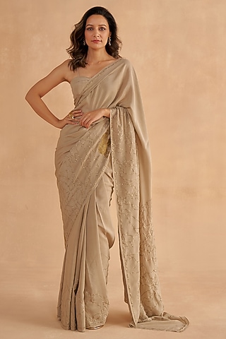 Warm Grey Fine Crepe Silk Zardosi Embroidered Saree Set by Ruchi Marodia