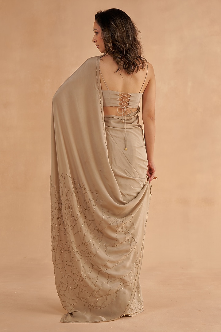 Warm Grey Fine Crepe Silk Zardosi Embroidered Wedding Saree Set by Ruchi Marodia at Pernia's Pop Up Shop