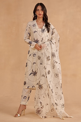 White & Black Soft Silk Digital Printed Kurta Set by Ruchi Marodia