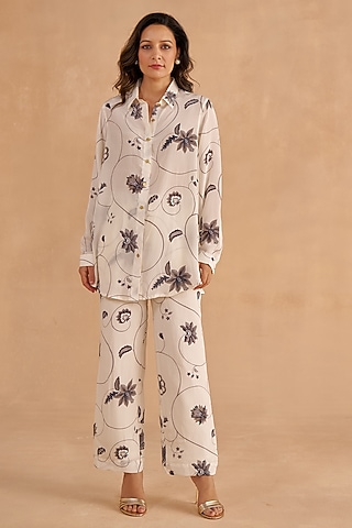 White & Black Crepe Silk Digital Printed Co-Ord Set by Ruchi Marodia