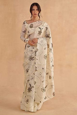 Ivory Paper Tussar Silk Digital Printed Saree Set by Ruchi Marodia